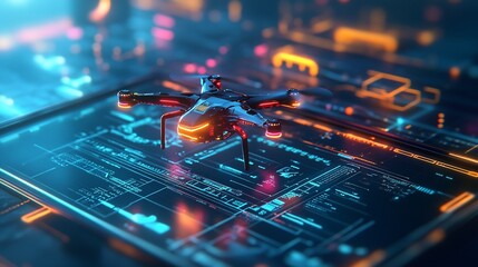 Poster - A futuristic drone hovering over a digital interface with glowing elements.