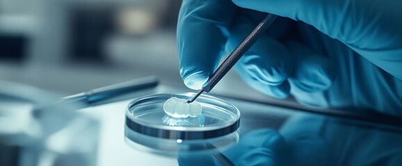 Poster - A gloved hand uses tweezers to manipulate a small sample in a lab dish.