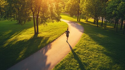 Aufkleber - A solitary runner strides along a curved path, surrounded by vibrant greenery, as the warm sunlight filters through the trees during sunset. Generative AI