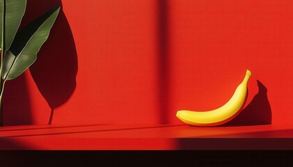 Wall Mural - A vibrant yellow banana rests on a red shelf, accompanied by a green plant.