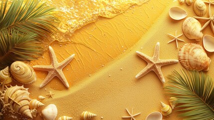 Poster - Golden sands glisten with scattered seashells and starfish along the shoreline. Ocean waves gently lap at the beach, creating a tranquil atmosphere infused with warmth and sunshine