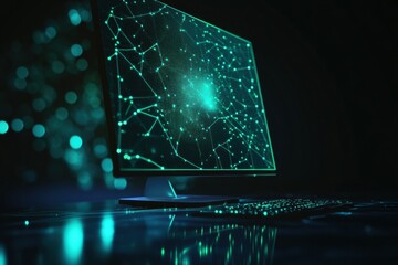 Leinwandbilder - A glowing green grid and a monitor icon highlight digital support and connectivity in a tech workspace. Generative AI
