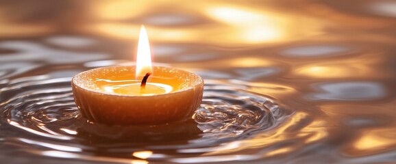 Aufkleber - A lit candle floating on water, creating a serene and calming atmosphere.
