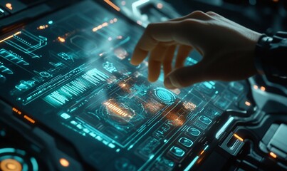 Poster - A hand interacts with a futuristic touchscreen interface displaying data.