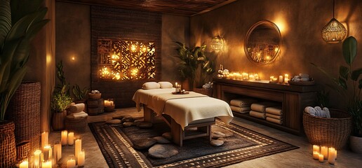 Poster - A serene spa room with a massage table, candles, and natural decor.