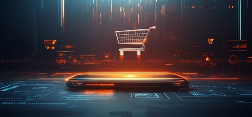 Poster - A shopping cart hovering above a smartphone, symbolizing digital commerce.