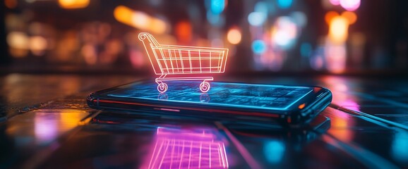 Poster - A smartphone displaying a glowing shopping cart icon, symbolizing online shopping.