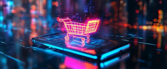 Poster - A smartphone displaying a glowing shopping cart icon, symbolizing e-commerce.