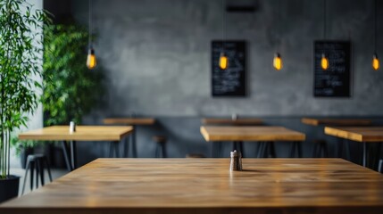 Poster - Modern minimalist café interior with wooden tables and warm lighting