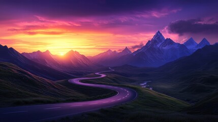 Canvas Print - Serene winding road through majestic mountains at sunset