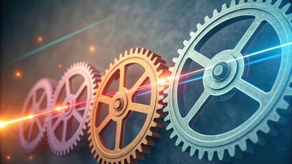 Poster - Four colorful interlocking gears are rotating and transferring energy symbolized by light beams, representing a concept of seamless teamwork and interconnectedness