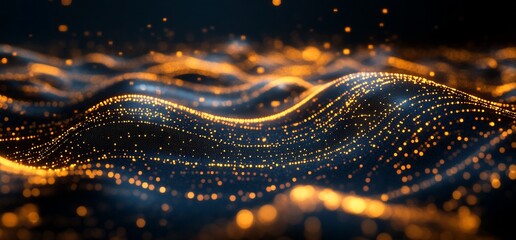 Poster - Abstract waves of glowing particles creating a dynamic digital landscape.