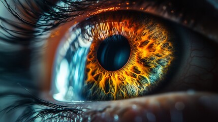 Poster - Close-up of a vibrant, fiery eye showcasing intricate details and colors.