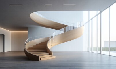 Aufkleber - Elegant spiral staircase in a modern interior space with large windows.