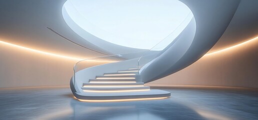 Poster - Elegant spiral staircase in a modern architectural space with soft lighting.