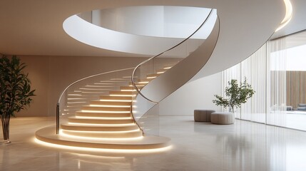 Poster - Elegant spiral staircase with modern design and ambient lighting.