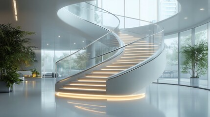 Poster - Modern spiral staircase in a bright, glass-walled interior space.