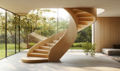 Poster - Modern spiral staircase in a bright, open interior with greenery outside.