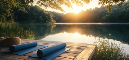 Poster - Serene lakeside yoga setup at sunrise with mats on a wooden dock.