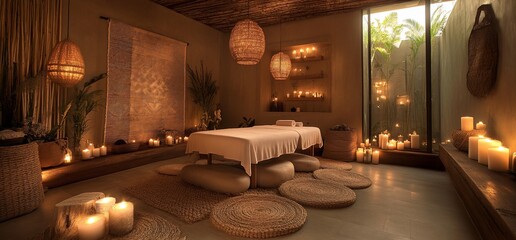 Poster - Serene spa room with candles, natural decor, and a massage table.