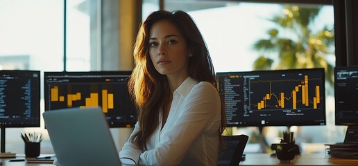 Poster - A focused individual works on a laptop in a modern office with financial data.