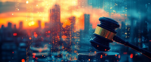 Poster - A gavel against a city skyline backdrop, symbolizing justice and law.