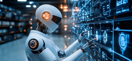 Poster - A futuristic robot interacts with a digital interface in a tech environment.