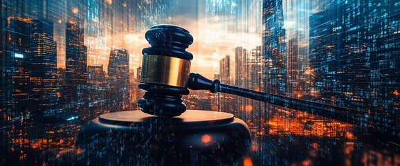Poster - A gavel against a futuristic city backdrop symbolizes justice and law.