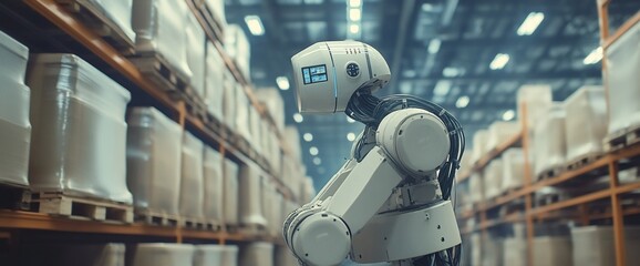 Poster - A humanoid robot in a warehouse setting, showcasing automation in industry.