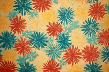 Poster - Vibrant floral pattern featuring red, blue, and yellow flowers against a textured background, perfect for artistic designs.