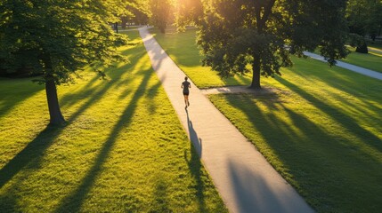 Aufkleber - A solitary runner navigates a path in a lush park, surrounded by tall trees and evening sunlight casting long shadows. Generative AI
