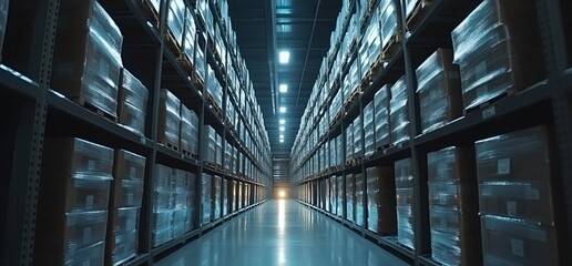 Leinwandbilder - A long aisle in a warehouse filled with stacked boxes and shelves.