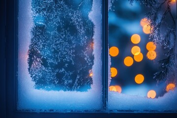 Poster - A frosty window with snow and blurred lights outside, creating a cozy winter atmosphere.