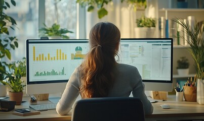Poster - A person analyzing data on a computer surrounded by plants in an office.