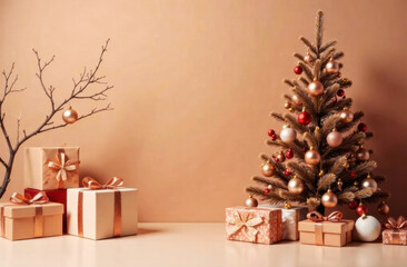 Wall Mural - decorated christmas tree with gift boxes of different shapes on light brown background