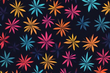 Poster - colorful floral pattern on a dark background, featuring vibrant leaves and petals for a modern desig