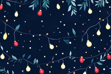 Poster - Colorful string lights and foliage pattern on a dark background, ideal for festive and holiday-themed designs.
