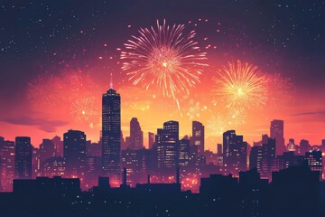 Poster - Stunning city skyline illuminated by vibrant fireworks against a twilight sky, capturing festive energy and beauty.