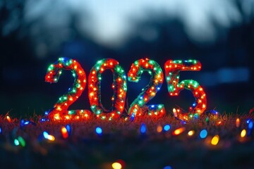Poster - Colorful lights form the year 2025, creating a festive atmosphere perfect for celebrations and New Year decorations.