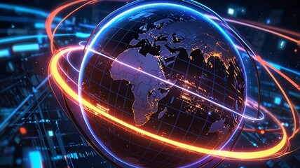 Poster - A stylized Earth globe encircled by glowing rings, representing global digital connectivity and data flow across a futuristic circuit board background. 