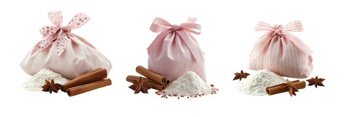 Wall Mural - Pink Fabric Bags with Spices and Flour on Transparent Background