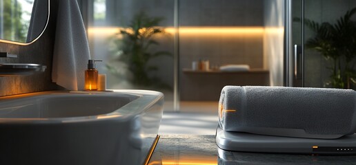 Poster - A serene bathroom scene with a towel and soft lighting for relaxation.