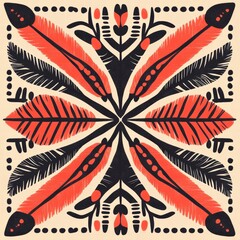 Poster - Vibrant geometric pattern featuring bold leaves and flowers in red and black, perfect for textile and wallpaper designs.
