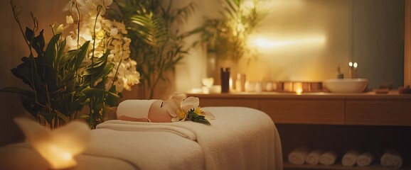 Poster - A serene spa setting with towels, candles, and plants for relaxation.