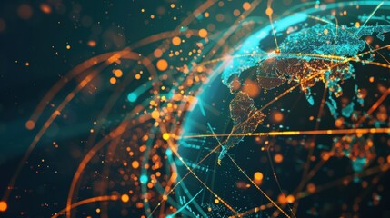 Poster - Orange and teal lines are connecting continents across planet earth, representing global data exchange and network communication in a big data context