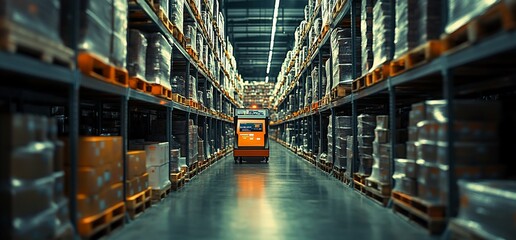Leinwandbilder - A warehouse interior with stacked pallets and a small orange cart.