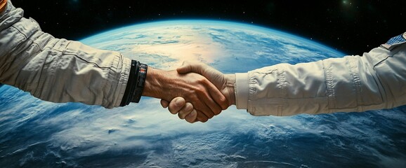 Poster - Astronauts shaking hands in space with Earth in the background.