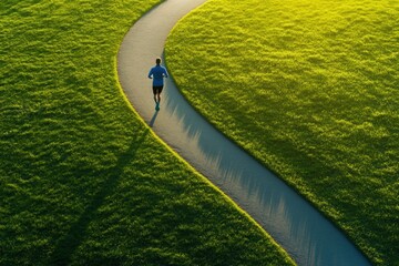Aufkleber - A runner jogs alone on a curved path surrounded by lush grass in a serene park, enjoying the morning light and fresh air. Generative AI
