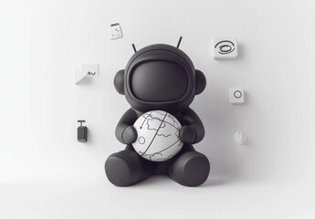 Poster - Black astronaut figurine holding a globe, surrounded by small digital icons on a white background.