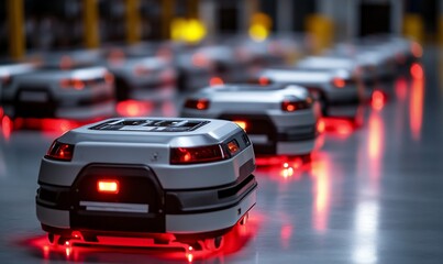 Poster - Automated robots with red lights navigating a warehouse environment.